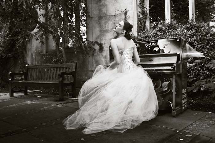 Silk gently curving corset paired with tulle skirt
