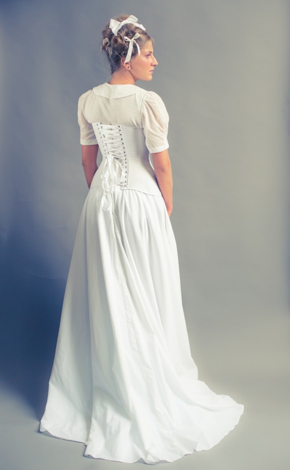 White cotton Edwardian demibust paired with voile blouse and cotton skirt